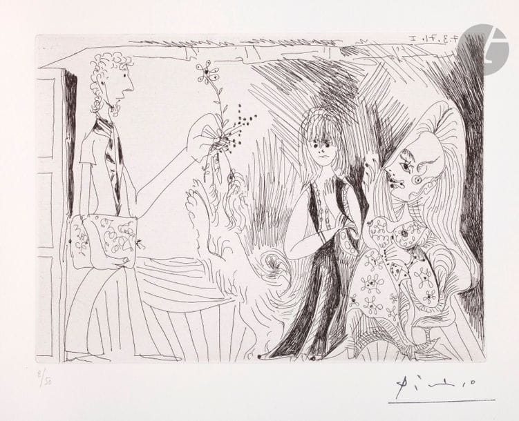 Pablo Picasso (1881-1973)
Série « les 156 »
Kaboul, avec Piero Crommelynck, sa femme et sa fille. (Les 156, pl. 69). 7 mars 1971. Eau-forte. 203 x 147. Bloch 1924 ; Baer 1932 B a. Parfaite épreuve sur vélin blanc, numérotée au crayon et timbrée (Lugt 2026e). Toutes marges. Tirage à 50 épreuves. Éd. de la galerie Louise Leiris (1978).