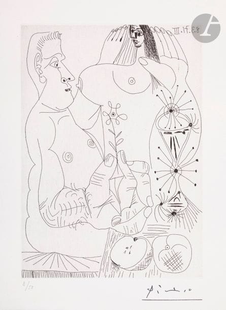 Pablo Picasso (1881-1973
)Series "les
 156 "

Couple with apples (Adam and Eve). (The 156, pl. 71). March 8, 1971. Etching. 147 x 205. Bloch 1926; Baer 1935 B a. Perfect proof on white vellum, numbered in pencil and stamped (Lugt 2026e). All margins. Drawing at 50 events. Ed. from the Louise Leiris Gallery (1978).

