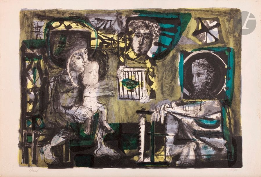 Antoni Clavé (1913-2005) 
La Sainte Famille. 1951. Lithographie. 480 x 340. Archives Clavé 47. Impression en couleurs. Très belle épreuve sur vélin, signée et numérotée au crayon. Infime accroc au bord gauche. Toutes marges. Tirage à 200 épreuves. Timbre sec : Guilde de la Gravure (Lugt 1110b).