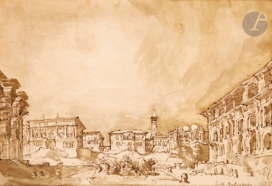 Érik Desmazières (né en 1948) 
Étude pour une cité idéale. 1971. Dessin au pinceau et lavis de sépia sur vélin, à vue : 400 x 275, signé et daté en bas à droite. Cadre.