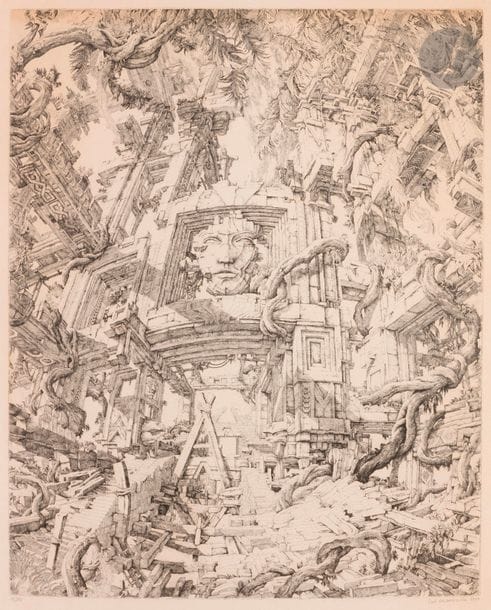 Érik Desmazières (né en 1948) 
Le Temple dans la jungle. 1973. Eau-forte. 515 x 638. Fitch 7. Belle épreuve sur vélin, oxydée, numérotée, signée et datée au crayon. Léger empoussiérage. Toutes marges. Tirage à 60 épreuves. Cadre.