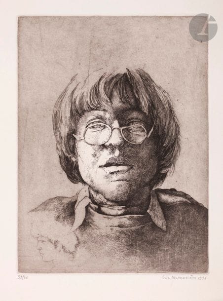 Érik Desmazières (born 1948) 
Portrait in glasses. 1976. Etching. 177 x 237. Fitch 22. Very nice vellum print, numbered, signed and dated in pencil. There's a tiny trace of rust on the right edge. Traces of erased, slightly persistent pencil inscriptions. All margins. Drawing at 60 events. Galerie Bernier ed.
