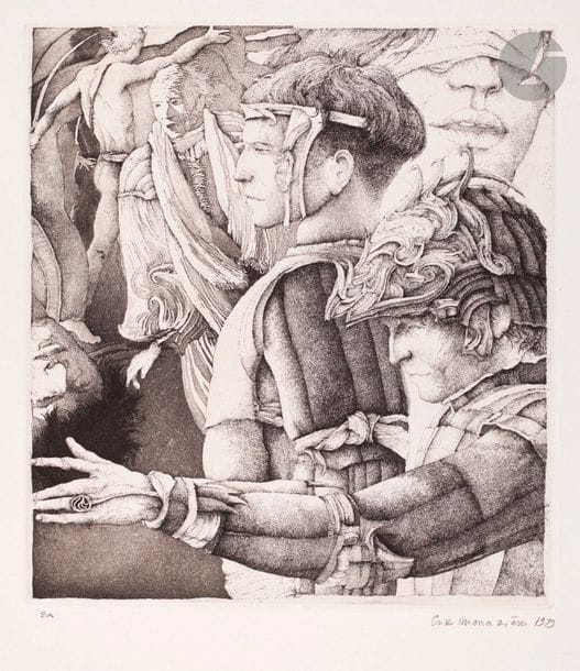 Érik Desmazières (né en 1948) 
Le Songe de Malatesta. 1979. Eau-forte et aquatinte. 178 x 197. Fitch 35. Très belle épreuve sur vélin, justifiée « EA », signée et datée au crayon. Toutes marges. Tirage à 80 épreuves (outre le tirage à 100 en carte de voeux pour la galerie Bernier).