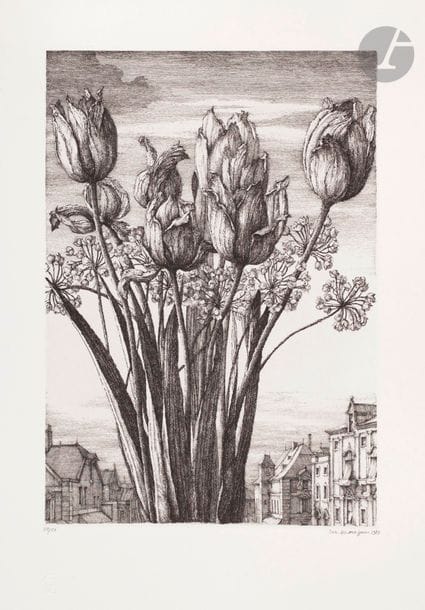 Érik Desmazières (born 1948) 
Les Tulipes. 1983. Etching. 206 x 296. Fitch 74. Perfect vellum print, numbered, signed and dated in pencil. All margins. Edition of 150 prints for the Société des Peintres-Graveurs Français (dry stamp: Lugt 1195a).
