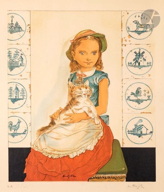 Leonard Tsuguharu Foujita (1886-1868) 
Young girl sitting with a cat. (Poster for an exhibition at the Pétridès gallery). 1956. Lithography. 325 x 380. Bush 56.63. Colour printing. Very nice proof on cream vellum, justified "E.A" and signed (apocryphal) in pencil. Frame.
