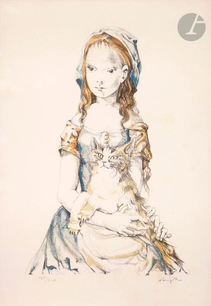 Léonard-Tsuguharu Foujita (1886-1868) 
Fillette au chat. 1959. Lithographie. À vue : 320 x 475. Buisson non décrit. Impression en couleurs. Très belle épreuve sur vélin, numérotée et signée au crayon. Quelques très légères traces d’oxydation. Marges. Tirage à 220 épreuves. Guilde de la Gravure éd. Cadre.