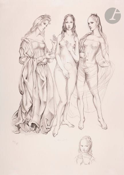 Léonard-Tsuguharu Foujita (1886-1868) 
La Jeunesse. (Affiche pour l’exposition des Peintres Témoins de leur Temps). 1960. Lithographie. [520 x 722]. Buisson 60.28. Très belle épreuve sur vélin, avec remarque lithographiée (fillette en buste), numérotée au crayon et signée au crayon bleu (signature passée). Infimes plis aux bords du feuillet. Toutes marges. Tirage à 75 épreuves.