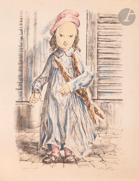 Léonard-Tsuguharu Foujita (1886-1868) 
Fillette aux baguettes de pain et à la bouteille de lait. Vers 1960. Lithographie. 320 x 480. Buisson non décrit. Impression en couleurs. Bonne épreuve sur vélin crème fort, revêtue d’une mention « epreuve d’artiste » (par une main étrangère) et signée par l’artiste au crayon. Marges. Cadre.