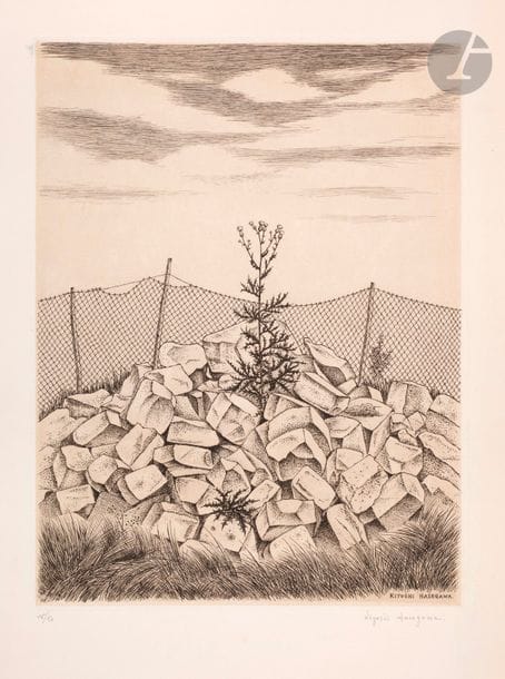 Kiyoshi Hasegawa (1891-1980) 
A thistle. 1953. Etching. 246 x 326. Reifu Syobo 294. Very beautiful proof on China applied, numbered and signed in pencil then annotated at the base and covered with the dry stamp. Small traces of oxidized glue on the front side. All margins. Drawing at 50 events.
