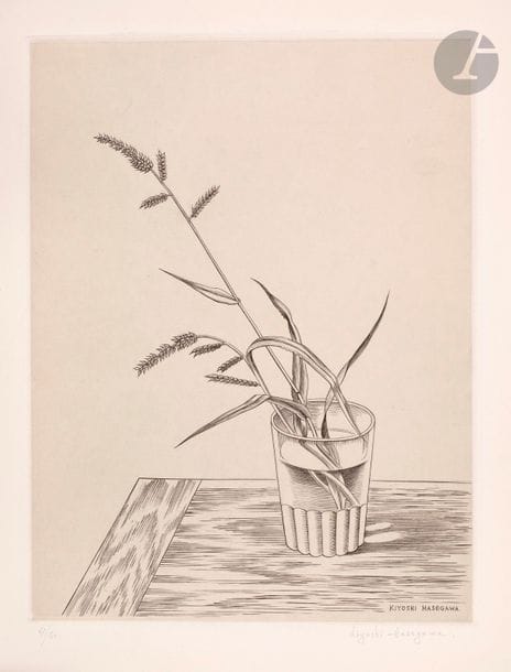 Kiyoshi Hasegawa (1891-1980) 
Herbs in a glass. 1953. Chisel. 230 x 306. Reifu Syobo 296. Very beautiful proof on China applied, numbered and signed in pencil then annotated at full length (notably "1st state") and covered with the dry stamp. All margins. Drawing at 50 events.
