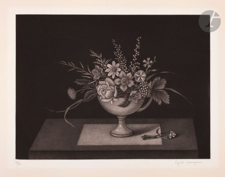 Kiyoshi Hasegawa (1891-1980) 
Coupe de fleurs des champs. 1963. Manière noire. 355 x 265. Reifu Syobo 328. Très belle épreuve sur vélin ivoire, numérotée et signée au crayon, annotée et revêtue du timbre sec en pied. Oxydation marginale. Quelques points de rouille. Toutes marges. Tirage à 80 épreuves. 