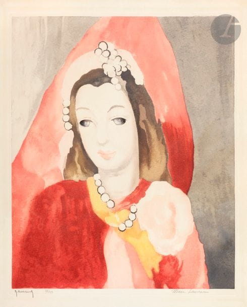 Marie Laurencin (1883-1956) (d’après) 
Portrait de femme aux perles. Vers 1950. Gravé par R. H[… ?] (copyright Dietrich et Cie, Bruxelles). 400 x 492. Impression en couleurs. Très belle épreuve sur vélin, signée au crayon par le graveur, numérotée et signée par M. Laurencin. Très claires traces d’oxydation. Petite bande oxydée sur le pourtour au verso. Toutes marges. Tirage à 250 épreuves.