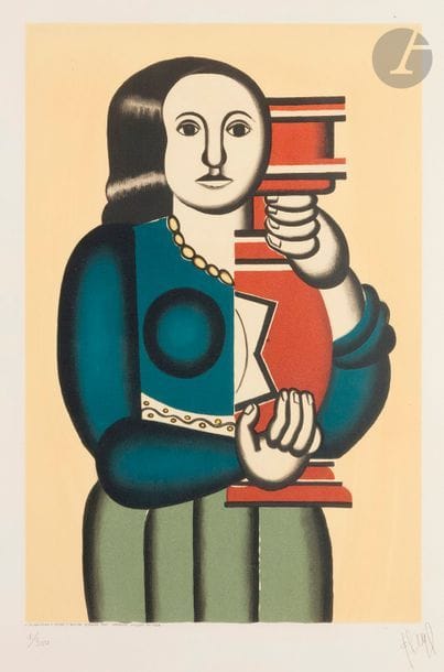 Fernand Léger (1881-1955) (after) 
Woman holding a vase. Around 1960. Lithograph after Villon's 1918 engraving (after the artist's painting). 410 x 620. Colour printing. Very beautiful proof on laid, annotated under the subject, numbered and signed, glued in full on a wooden panel. All margins. Running at 300 events. Dry stamp: Fernand Léger Museum, Biot. All margins. Frame.

