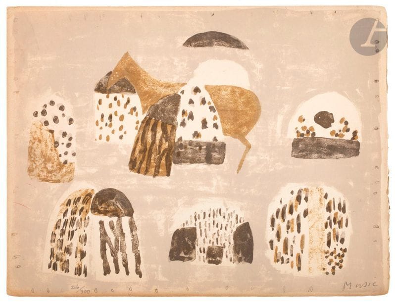 Zoran Muši? (1909-2005) 
Motifs dalmates. 1953. Lithographie. 320 x 245. Impression en couleurs. Très belle épreuve sur vélin, numérotée et signée au crayon, servant d’illustration de couverture au dépliant de la Galerie de France pour l’exposition de l’artiste, du 27 novembre au 26 décembre 1953. Tirage à 300 ex.