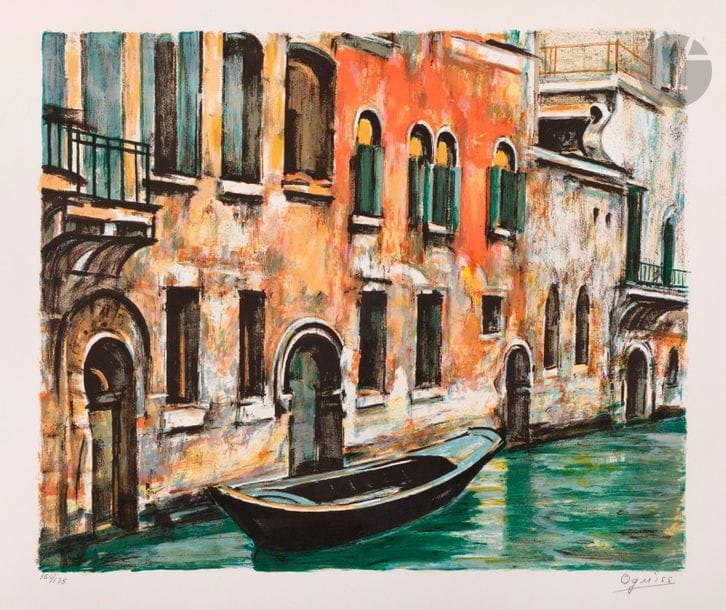 Takanori Oguiss (1901-1986) 
Canal à Venise. Vers 1960. Lithographie. 550 x 460. Impression en couleurs. Parfaite épreuve sur vélin blanc, numérotée et signée au crayon. Toutes marges. Tirage à 175 épreuves.