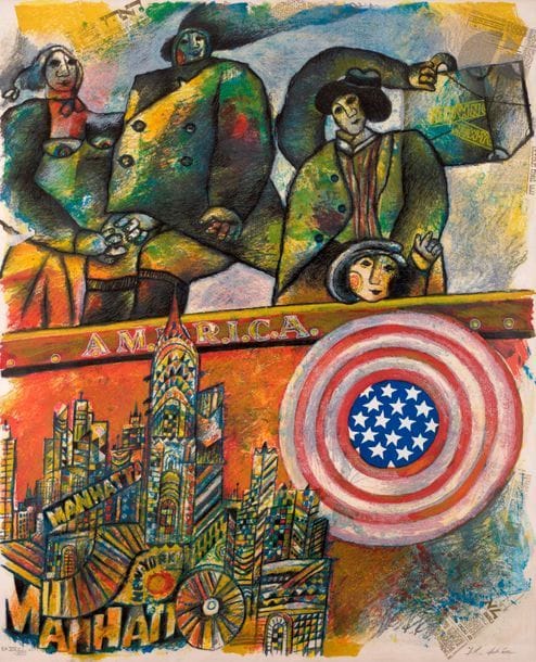Théo Tobiasse (1927-2012) 
America. 1986. Lithographie. 1010 x 1250. Impression en couleurs. Très belle épreuve sur vélin, justifiée « E.A. », numérotée en chiffres romains et signée au crayon. Toutes marges. Cadre.
