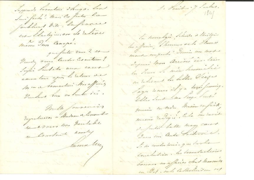 LAMARTINE Alphonse de (1790-1869) [AF 1829, 7e f].
L.A.S. « Lamartine », Saint-Point 7 juillet 1845, à Adolphe de CIRCOURT ; 4 pages in-8 à son chiffre couronné.

Belle et longue lettre sur la politique, la religion et le scandale Hugo.
« La névralgie, l’étude de l’histoire, les affaires, l’horreur de la plume, m’ont empêché d’écrire un mot depuis mon arrivée ici ». La longue lettre de son ami reflète sa propre pensée : « Cela me ravit de sentir battre mon cœur dans une autre poitrine. Je ne contesterais que sur la conclusion. Les transactions, bonnes en affaires, sont mauvaises en idées. Ou le Catholicisme est la vérité ou il est le mensonge. S’il est la vérité mourons avec lui. S’il est le mensonge séparons nous en tout à fait, avec le respect que l’enfant a pour la nourrice qui l’a nourri, bercé, conduit par la lizière jusqu’à son âge mûr, mais avec la vigueur d’une raison qui marche seule.
Quant aux questions purement politiques, vous avez raison absolue. Mais ce pays est mort, rien ne peut le galvaniser qu’une crise. Comme honnête homme je la redoute, comme philosophe je la désire. Nous marchons en sens inverse de l’esprit de Dieu. Pays sans courage et sans vertu, admirable parterre pour les apostats politiques. Naples a inventé Polichinelle. La France est digne d’inventer pis. N’y pensons plus et travaillons. […] Je me lève à cinq heures et je lis et j’écris jusqu’à dix. Je gagne péniblement le pain de mon indépendance. Il est cher, mais il est amer ».
Il apprend « l’aventure » de Victor HUGO (pris en flagrant délit d’adultère avec Mme Biard) : « J’en suis fâché. Mais ces fautes-là s’oublient vite. La France est élastique. On se relève même d’un canapé »...