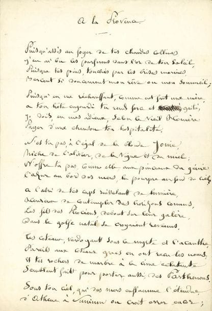 LAPRADE Victor de (1812-1883) poète [AF 1858, 10e f].
2 POÈMES autographes signés « Victor de Laprade », 1859-1868 ; 3 pages in-fol. et 3 pages in-8.

À la Provence, Bruyères 16 janvier 1859. Bel hommage à la Provence, en 17 quatrains. Il signe « Victor Laprade de l’Académie Française ». Nous citons les deux dernières strophes :
 « Puisqu’assis au foyer de tes chaudes collines
 J’en ai bu les parfums dans l’or de ton soleil »…
Petite fleur sur ma fenêtre, Lyon 4 juillet 1868, 9 quatrains :
 « Petite fleur sur ma fenêtre
 Dans ce champ long d’un demi pas »…
On joint un poème autographe signé pour un album : « Bénis ta volonté que les astres bénissent »… (1 p. in-4 cartonnée, 20 vers) ; un brouillon autographe de vers (1 p. in-8) ; une note autographe pour annoncer son livre Du Sentiment de la Nature avant le Christianisme (1 p. et demie in-8).