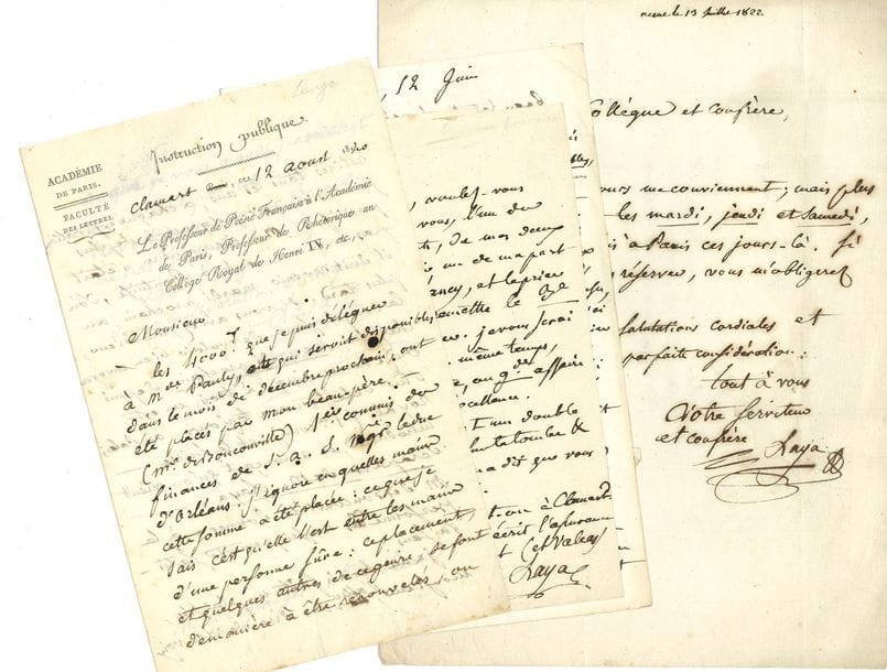 LAYA Jean-Louis (1761-1833) auteur dramatique et poète [1817, 25e f].
17 L.A.S., 2 P.A.S. et 2 L.S. ou P.S. « Laya » ou « le cher Laya », Paris et Clamart 1803-1832 ; 34 pages formats divers, quelques en-têtes et adresses.

Reçu pour ses appointements au Moniteur (1803)… Acte de candidature à la place vacante dans la 2e classe de l’Institut, avec exposé de ses titres (9 décembre 1814)… Envoi d’une nouvelle édition de la Lettre d’Eusèbe à Jean-Baptiste Suard, avec quelques-unes de ses idées littéraires : « le métier de versificateur est devenu bien futile et bien misérable ; […] le procédé poëtique n’est qu’un moyen pour arriver plus surement, ou plus agréablement à la fin qu’on se propose, à la persuasion » (3 janvier 1815)… Au baron Mounier, en apprenant le nouvel ajournement imposé à sa comédie, L’Ami des lois : « je me vois comme puni, parce que j’ai fait un ouvrage qui attaque les plus dangereux ennemis du système social » (9 juillet 1820)… Sa gratitude, après que le Roi l’a nommé chevalier de la Légion d’honneur (7 septembre 1820)… Pétition en faveur de Dumaniant, « doyen des auteurs comiques », indigent (signée aussi par Droz, Picard, Duval, Brifaut, Parseval-Grandmaison, Brifaut, Auger, [mars 1828])… Réponse favorable à Salvandy, qui souhaite le voir écrire sur son Don Alonso : il peut compter « sur le vieux professeur qui a des entrailles paternelles pour quelques-uns de ses anciens élèves » (12 juin [1829])… Rapport de censure sur Les Rouliers [de Dumersan et Gabriel], vaudeville en un acte présenté par le Théâtre du Vaudeville (15 mai 1829)… Il signale à son confrère Fabien Pillet des points de ressemblance entre Une fête de Néron qui sera créée à l’Odéon, et sa propre pièce Le Jeune Néron, qui attend toujours d’être représentée (16 décembre [1829])… État émargé des indemnités des membres de la Commission du Dictionnaire de l’Académie (cosigné par Campenon, Villemain, Parseval Grandmaison, Arnault et Andrieux, septembre 1832)… D’autres lettres à L