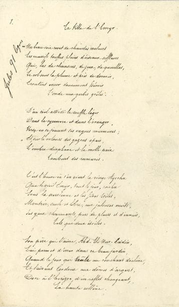 LECONTE DE LISLE Charles (1818-1894) [AF 1886, 14e f].
POÈME autographe signé « Leconte de Lisle », La Fille de l’Emyr ; 4 pages in8.

Beau et long poème des Poèmes barbares.
Publié d’abord dans la Revue Européenne du 1er mai 1861, ce poème fut recueilli en 1862 dans les Poésies barbares (Poulet-Malassis), qui devinrent lors de la seconde édition en 1872 Poèmes barbares (Lemerre). Il conte l’histoire de la fille de l’Emyr Abd-El-Nur-Eddin, à qui apparaît Jésus et qui, « parmi les vivants morte désormais », ne sortira jamais de son « noir monastère ». Il compte 15 sizains. 
 « Un beau soir revêt de chaudes couleurs
 Les massifs touffus pleins d’oiseaux siffleurs
 Qui, las de chansons, de jeux, de querelles,
 Le col sous la plume et las de dormir,
 Écoutent encor doucement frémir
 L’onde aux gerbes grêles »...
On joint un autre POÈME autographe signé, Le deux Novembre. Aux Morts (1 page in-8), sonnet publié dans la Revue Européenne du 15 novembre 1861 et recueilli sous le seul titre Aux Morts dans les Poèmes barbares : « Après l’apothéose, après les gémonies »…
