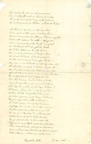 LECONTE DE LISLE Charles (1818-1894) [AF 1886, 14e f].
POÈME autographe signé « Leconte de Lisle », Hélène, 1845 ; et 8 L.A.S., 1847-1855, à M. TESSIÉ DU MOTAY ; 3 pages in-fol. (fendues aux plis, bords un peu effrangés), et 9 pages in-8 ou in-12, quelques adresses.

Poème autographe signé, Hélène. Long poème de 102 vers, daté « Juillet 1845 », et publié dans La Phalange de juillet-décembre 1845 (le manuscrit a servi pour l’impression, et porte au dos l’adresse de « Monsieur Dumotay ») ; une dédicace « à Paul de Flotte » a été biffée. Bel hommage à la Grèce :
« O vous qui saisissez la vivante harmonie
De la forme parfaite alliée au génie, 
Apôtre épris d’amour pour l’antique beauté,
Venez ! – allons revoir l’archipel enchanté »…
Correspondance. Il cherche un éditeur pour son livre de poésies (1847). En
1855, il cherche une place qui le « retirerait de l’abîme sans fond dans lequel je disparais de jour en jour », notamment à Zurich ; il aimerait obtenir un certificat « semi-officiel » du secrétaire perpétuel de l’Académie et d’un membre de l’Institut ; il a le soutien de Béranger, de Patin, de V. Cousin... Il résume sa carrière : « Ayant écrit à la Revue Indépendante avant 1848 –
collaborateur de M. Lamennais au Peuple Constituant et à la Réforme – Auteur des Poèmes Antiques, livre couronné par l’Académie Française au mois d’août 1854, et rédacteur de la Revue des deux mondes à partir du 1er Janvier 1855 »...
On joint une L.A.S., Paris 12 mai 1862 (1 p. in-8), remerciant de ses « flatteuses sympathies […] un des maîtres de notre Renaissance littéraire »…