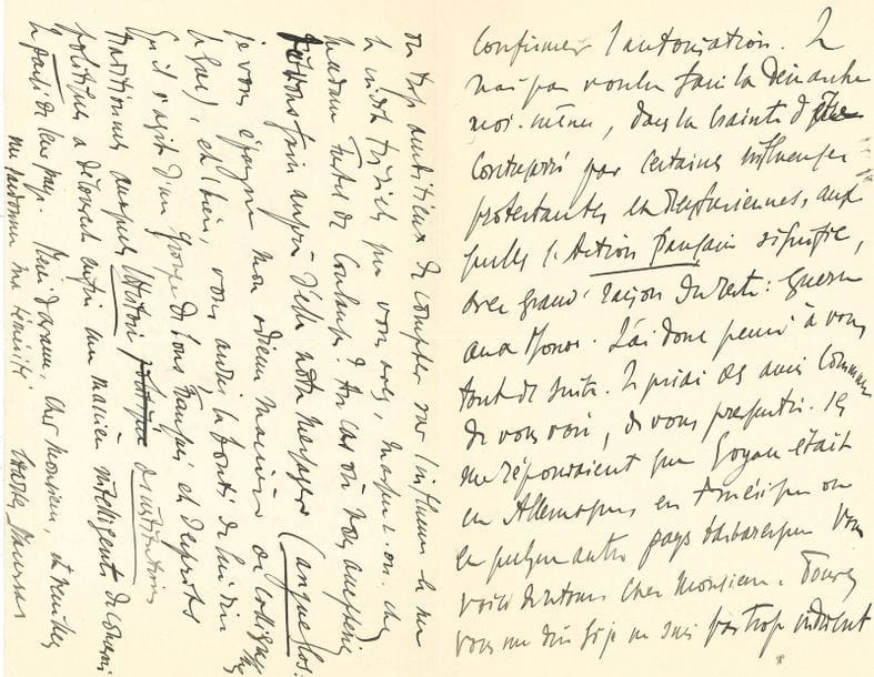 MAURRAS Charles (1868-1952) [AF 1938, 16e f].
3 L.A.S. « Charles Maurras », 1903, à Georges GOYAU ; 8 pages in-8 ou in-12.

Au sujet de la publication d’œuvres de FUSTEL DE COULANGES dans L’Action Française.
15 février 1903. La librairie Hachette l’a autorisé à « reproduire dans l’Action française (série de “Nos Maitres”) quelques pages (à mon choix) de l’œuvre de Fustel de Coulanges ». Mais il n’ose faire lui-même la démarche auprès de Mme Fustel de Coulanges, « veuve et héritière du grand historien, en vue de faire confirmer l’autorisation […] dans la crainte d’être contrecarré par certaines influences protestantes et dreyfusiennes auxquelles l’Action française signifie, avec grand’raison du reste : Guerre aux Monod ». Il prie Goyau d’être son messager… – « Nous voilà parés. Et l’Action va pouvoir réunir les extraits Fustel. Vous n’imaginez pas combien cela est nécessaire, à droite surtout. On y est infecté de germanisme et l’on y parle encore des “Francs” comme aux temps de Saint-Simon ou aux cours de M. Gabriel Monod »… Etc.
On joint 3 autres L.A.S., 1920-1926, à Robert de FLERS, à une dame, etc.