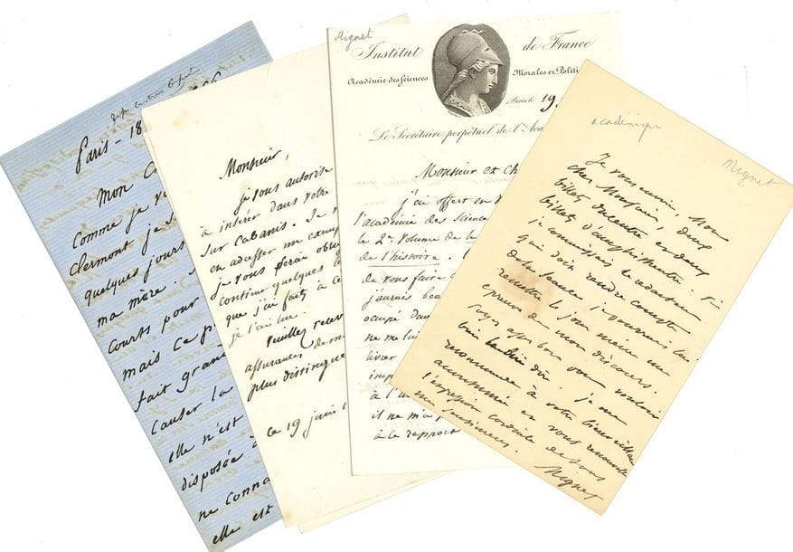 MIGNET François-Auguste (1796-1884) historien [AF 1836, 20e f].
19 L.A.S. et 1 P.A.S. « Mignet », Paris et Aix 1833-1883 ; 53 pages formats divers (portrait joint).

Bel ensemble. 23 novembre 1833, longue lettre politique au comte de RAYNEVAL, ambassadeur de France à Madrid, évoquant des insurgés rencontrés sur la route de Vittoria, et communiquant un fragment de rapport politique chiffré (avec déchiffrage). « Il ne suffit pas d’affaiblir ses ennemis, il faut augmenter la force de ses défenseurs et, lorsqu’on a du fanatisme à combattre, lui opposer du dévouement »… 26 juillet 1836, à propos d’un prix de l’Académie… 19 juillet 1841, à son confrère Alexandre GUIRAUD : il a offert en son nom à l’Académie des sciences morales et politiques, le deuxième volume de sa Philosophie catholique de l’histoire… 19 juin 1850, autorisant l’insertion dans un journal de sa notice sur Cabanis. 18 mai 1856, longue lettre à son ami Victor de TRACY, détaillant les symptômes et la progression de la maladie de sa mère… 22 avril 1869, remerciant pour un envoi de vin de Corton… 22 janvier 1872, conseils à un cousin de Barthélemy Saint-Hilaire concernant une candidature aux Sciences morales et politiques… 23 novembre 1876, remerciant le Dr M. Philipson pour ses trois volumes consacrés à Henri IV et Philippe III… D’autres lettres à Jaubert, à un chancelier, des confrères, des dames… Etc.
On joint un fragment de manuscrit a.s. sur Macaulay, 4 L.S. ou P.S., et une P.A. avec apostille d’Adolphe thiers.

MIGNET François-Auguste : voir n° 1043.
