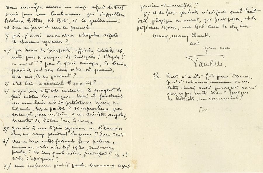 MORAND Paul (1888-1976) [AF 1968, 11e f].
5 L.A.S., 1921-1957 ; 6 pages in-4 ou in-8, une enveloppe.

Menton 28 juillet 1921, remerciant un confrère et ami pour sa critique [sur Tendres Stocks] : « Ce n’est pas parce que vous m’avez été, depuis mes débuts, si fidèle et encourageant témoin que je suis moins sensible à votre éloge »… Paris 1er mars 1922, à Michel BRÉAL (alors en Syrie) : « J’ai transmis vos souvenirs à l’équipe franciscaine, au complet moins Ed. Jaloux qui a lâché pour diriger chez B. Grasset une collection qui porte son nom. MILHAUD est parti et GIRAUDOUX, marié, dirige le service ». Il le remercie pour tous les renseignements qu’il lui a renvoyés, exactement ce qu’il cherchait : il a pu se remettre au travail. Il demande de nouvelles informations, pour un personnage de gendarme qui s’appellera Bichara Bittar, dit Bibi : des chansons syriennes rigolotes, ce que disent les Européens officiers ou toubibs pour se moquer des indigènes, des anecdotes sur la société syrienne, « et de façon générale n’importe quel trait drôle, physique ou moral, qui peut parer […] mon Bel-Ami de chez vous »… 18 juillet 1931, remerciant Georges ALTMAN de son « pamphlet généreux » : « J’approuve tout, mais je lui reproche d’être la vérité totale. Or cette vérité-là tue ; il faut donner aux gens la vérité par petites doses, comme un poison. […] Il faudrait indiquer que la crise morale que traverse l’Amérique a déjà sa répercussion au cinéma. Un dénouement triste commence à devenir possible même à Hollywood […]. Le cinéma ne développe pas le luxe : il le tue, au profit du demi-luxe. Le vrai luxe, celui des vieilles sociétés (Orient, province française, etc.) ne se voit pas »…
À Robert KEMP, 1957, sur sa candidature au fauteuil de Claude FARRÈRE. Seteais 10 octobre : du Portugal, il confirme sa candidature : la lettre a été remise par un ami. Paris 15 décembre : « Au cas où vous accepteriez les charges de votre illustre et nouvel emploi avant d’en avoir recueilli tou