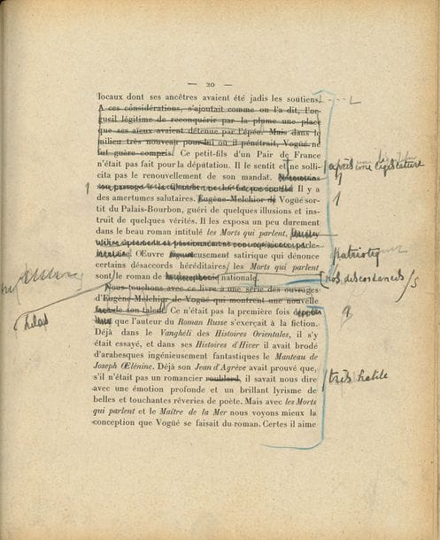 RÉGNIER Henri de (1864-1936) [AF 1911, 39e f].
ÉPREUVES avec corrections autographes de son Discours de réception, 1911 ; [1]-25, 25 et 25 pages in-4, montées sur onglets en un volume in-4, demi-maroquin fauve à coins (Pagnant).

Trois jeux corrigés de son Discours de réception à l’Académie française.
Henri de Régnier, élu le 9 février 1911 au fauteuil de Melchior de Vogüé, fut reçu sous la coupole le 18 janvier 1912 par le comte Albert de Mun.
Une première épreuve, avec timbre à la date du 27 juillet 1911, porte de nombreuses corrections et additions marginales. La seconde épreuve est ici en deux exemplaires, tous deux présentant les mêmes corrections, avec des additions et des passages biffés.
Henri de Régnier, après avoir adressé un « salut filial » à son beau-père José-Maria de HEREDIA, fait l’éloge du vicomte Eugène-Melchior de VOGÜÉ (1848-1910), et notamment de son rôle d’ambassadeur du roman russe en France.
On a relié à la suite une épreuve définitive ; un exemplaire du discours imprimé (Firmin-Didot, 1912), avec envoi a.s. à Louis Loviot, couv. ; un exemplaire des Discours prononcés… (Firmin-Didot, 1912), avec la réponse d’Albert de Mun, portrait gravé d’E.M. de Vogüé, couv.