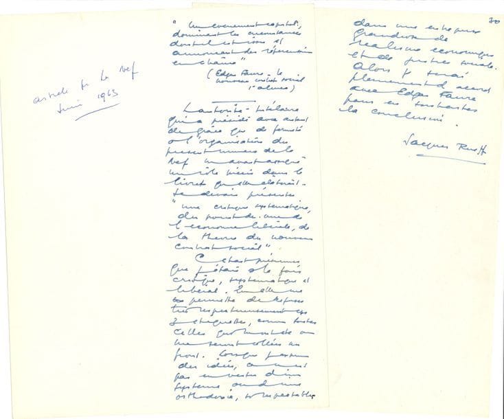 rueff Jacques (1896-1978) économiste [AF 1964, 31e f].
manuscrit autographe signé « Jacques Rueff » ; 30 pages in-4.

Article d’économie publié dans La Nef, n° 19, juin 1953, numéro spécial : Le Franc, mythe et réalité. En exergue figure une citation d’Edgar Faure. L’introduction se moque doucement de l’« autorité tutélaire » de ce numéro, pour lequel ou lui a demandé de présenter « “une critique systématique, du point de vue de l’économie libérale, de la théorie du nouveau contrat social”. C’était présumer que j’étais à la fois critique, systématique et libéral »…
On joint une L.S. et 2 cartes a.s. [à François de Flers], lui donnant ce manuscrit pour sa collection.