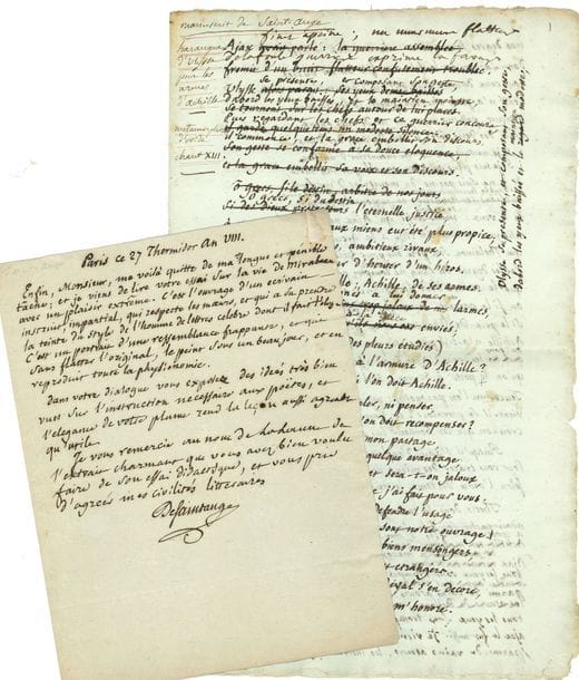 SAINT-ANGE Ange-François Fariau de (1747-1810) poète, traducteur d’Ovide [AF 1810, 1er f].
9 L.A.S. « Desaintange », Paris 1800-1809 et 2 manuscrits autographes ; 24 pages formats divers, quelques adresses.

27 thermidor VIII (15 août 1800), à Charles-Louis cadet de gassicourt, sur son Essai sur la vie privée […] de Mirabeau, « ouvrage d’un ecrivain instruit, impartial, qui respecte les mœurs, et qui a su prendre la teinte du style de l’homme de lettres celebre dont il fait l’eloge. C’est un portrait d’une ressemblance frappante, et […] vous exposez des idées très bien vues sur l’instruction necessaire aux poëtes »… 8 nivose X (29 décembre 1801), à Jean-François-René Mahérault, professeur des langues anciennes à l’École centrale du Panthéon. « C’est pour des juges tels que vous que je travaille, et que j’ai enseigné à travailler au jeune Lalanne. Il me semble que vous trouverez dans son potager des germes de talent qui promettent un poëte »… 28 nivose X (18 janvier 1802), à M. Morel Campennelle, de la Société d’émulation à Abbeville, louant sa dissertation « savante, claire, décisive, sans replique » contre la publication d’Aubin-Louis Millin… 26 pluviose XI (15 février 1803), [à Jean-François Marmontel], candidature à l’Académie française, « où la voix publique m’apelle », faisant valoir ses travaux sur Ovide… 10 fructidor XI (28 août 1803), à Jean-Antoine Chaptal : on parle de fermer les écoles centrales, et craignant de perdre sa chaire d’éloquence et de poésie, il demande une place de proviseur dans un des nouveaux lycées de Paris… Vendredi 25 nivose [XII] (16 janvier 1804), à Jean-Louis Laya. Tout ce que le censeur a « supprimé sur ma personne et sur mon ouvrage, est precisement tout ce qu’en avait dit votre ami Legouvé, en rendant compte de la 1ere éd. dans le Courrier des spectacles »… 20 mai 1809, à Louis de fontanes, après avoir été nommé professeur à l’École normale : « vous avez voulu que la chaire d’eloquence latine fut un benéfice simple, qui à
