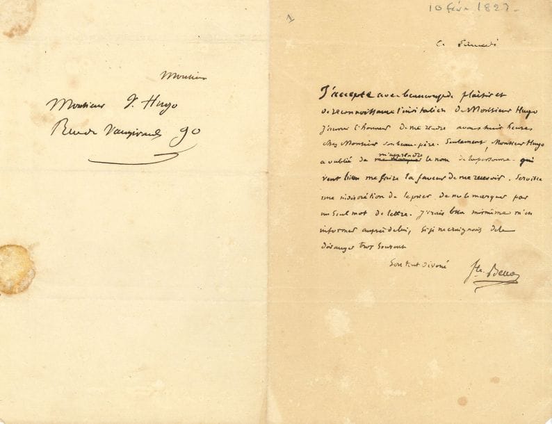 SAINTE-BEUVE Charles-Augustin (1804-1869) [AF 1844, 28e f].
3 L.A.S. « Ste Beuve », Paris [1827-1845], à Victor hugo ; 1 page in-8 ou in-12 chaque, 2 adresses.

Samedi [10 février 1827]. Il accepte son invitation chez son beau-père. « Seulement, Monsieur Hugo a oublié de m’apprendre le nom de la personne qui veut bien me faire la faveur de me recevoir. Seroit-ce une indiscrétion de le prier de me le marquer par un seul mot de lettre »… Dimanche [30 mai 1841]. Il hésite à ajouter sa demande à toutes celles qui l’accable, mais il lui serait « très agréable de vous devoir mon billet d’entrée à votre réception. Dans mes sollicitations près de M. Lebrun je n’en ai pas fait pour moi, me réservant de vous l’adresser. […] je ne doute pas que vous ne désiriez répondre favorablement à mon désir »… Dimanche [2 mars 1845]. « Je voulais vous remercier l’autre jour, après cette belle solennité, de votre amabilité pour moi ; mais vous étiez trop entouré […]. Maintenant que le flot est moins pressé, laissez-moi vous dire combien j’ai été reconnaissant, et pour tout le plaisir que vous m’avez procuré et pour la façon que vous y avez mise. Votre billet que je garde est pour moi un jeton très honorable de présence qui peut longtemps me suffire »…
On joint un exemplaire des Discours prononcés dans la séance publique tenue par l’Académie Française pour la réception de M. Sainte-Beuve le 27 février 1845 (Typographie de Firmin-Didot frères, 1845), rel. toile rouge avec marque et devise de Ph. Burty sur le plat sup. Anciennes collections Philippe BURTY, puis Daniel SICKLES (18-19 novembre 1993, n° 6562).