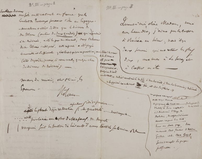 SAINTE-BEUVE Charles-Augustin (1804-1869) [AF 1844, 28e f].
22 L.A.S. « SteB » ou paraphe, 1843-1845, à Jules et Caroline OLIVIER ; 88 pages la plupart in-8 montées sur onglets (2 lettres ajoutées), reliées en un volume grand in-8 maroquin bleu filets dorés, doublures de maroquin bordeaux, gardes de moire rouge, étui (Yseux).

Très belle correspondance sur la vie littéraire parisienne.
[Professeur d’histoire et de littérature à Neuchâtel et à Lausanne, Juste OLIVIER (1807-1876) publia des livres d’histoire et des recueils de poèmes, dont un en collaboration avec sa femme, née Caroline Ruchet. Il dirigea la Revue Suisse où il publiait les fameuses chroniques mensuelles sur les événements littéraires de Paris, envoyées par Sainte-Beuve sous forme de lettres à ses amis. Juste Olivier les arrangeait et les faisait paraître, anonymes, dans sa revue ; Troubat les réunira et les publiera en 1876 sous le titre Chroniques parisiennes.
Ces lettres, la plupart signées d’un paraphe, présentent de nombreuses corrections et additions. D’un style brillant, incisives et érudites, elles tracent le portrait d’une époque et de ses acteurs. Les noms de Chateaubriand, Lacordaire, Nodier, Hugo, Guizot, Thiers, Lamartine, Janin, Vigny, le duc de Broglie, Balzac, Guttinger, Dumas, Mérimée, Victor Cousin, George Sand, apparaissent à plusieurs reprises.
Plusieurs de ces lettres concernent l’élection de Sainte-Beuve à l’Académie française le 14 mars 1843 en même temps que MÉRIMÉE, leurs réceptions respectives sous la Coupole, ses articles paraissant dans la Revue Suisse et les corrections qu’il y apporte, ses jugements sur les questions politiques et les rapports entre l’État et le clergé, sur la production littéraire et dramatique, le monde de la presse, etc. Nous ne pouvons en citer que quelques extraits.]
Ce 7 [février 1844]. … « J’ai contre moi Hugo, Thiers, très peu pour moi Lamartine : si j’arrive, ce sera laborieux ; si je manque, ce sera, je le crains, définitif, 