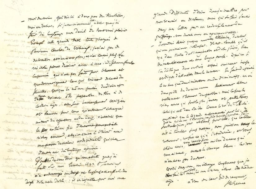 SAINTE-BEUVE Charles-Augustin (1804-1869) [AF 1844, 28e f].
2 L.S. « Ste Beuve » en partie autographes, 1858-1864, à Adèle HUGO ; 3 et 2 pages in-8.

Deux belles lettres à Madame Victor Hugo.
28 juillet [1858]… « Je me rappelle un temps bien lointain où nous faisions avec lui [HUGO] le projet presque fabuleux de quitter Paris et d’aller habiter je ne sais quel domaine champêtre du côté du Rhin : c’était au temps des grandes rêveries lyriques et avant qu’il songeât à la lutte présente du théâtre. Comment, après des années, après trente ans, cette absence, cette émigration de Paris, s’est-elle accomplie dans des conditions et sous des étoiles si différentes ? L’inspiration lyrique, certes, y a gagné, et au point de vue de l’avenir, le poète (pour ne parler que de lui) paraîtra s’y être retrempé à des sources puissantes bien qu’amères. […] j’ai fait dès longtemps mon deuil de tout vrai plaisir. Excepté cette grande table, toute chargée de plusieurs couches de volumes, je n’ai pas de distractions et n’en veux pas et n’en conçois plus. […] Quoique les mêmes pensées de déclin et de terme doivent être pressenties de tous à de certains âges, elles sont heureusement corrigées et sauvées pour ceux qu’entourent à chaque instant des affections et des liens. C’est ainsi que les extrêmes fins d’automne peuvent être riches encore, et qu’on arrive à l’hiver avec une provision de chaleur et de cordialité qui chez d’autres est dès longtemps épuisée »...
30 juillet 1864. La lettre est destinée à alimenter la suite de Victor Hugo raconté par un témoin de sa vie. Il fait le portrait de l’académicien DUPATY : « Cet excellent homme, à qui Alfred de MUSSET a succédé en 1852, était légèrement comique. Il était resté tout à fait de sa date première, le jeune homme de 1800, passé de la marine où il était aspirant au vaudeville et à l’opéra-comique [...] Sa prétention, plus tard, a été d’avoir été persécuté, et il a voulu devenir un homme sérieux, un citoyen, capitaine de la gar