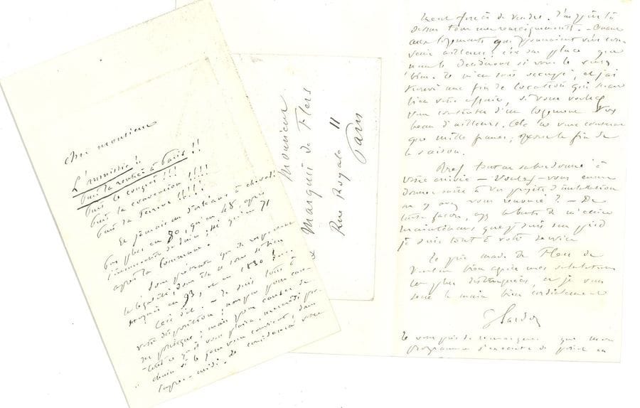 SARDOU Victorien (1831-1908) auteur dramatique [AF 1877, 9e f].
17 L.A.S. « V. Sardou », 1874-1905 et s.d. ; 30 pages formats divers, quelques adresses ou enveloppes (portrait joint).

6 septembre 1874, longue lettre à Eugène Cormon sur ses projets théâtraux ; il se plaint des retards subis par son drame… Février-juillet 1879, au marquis Camille de FLERS, sur l’éventuelle acquisition de la Villa Rimski-Korsakov, et sur la situation politique : « « L’Amnistie ! Puis la rentrée à Paris !! Puis le Congrès !!! Puis la Convention !!!! Puis la Terreur !!!!!! Et jamais un d’Orléans à cheval ! Pas plus en 80, qu’en 48 […] ni qu’en 71 après la Commune »… [1897], questions à Eug. Bertrand, au sujet de costumes de merveilleuses… Encouragements à un ami à se présenter à une élection : « Le candidat le plus redoutable : c’est Deschanel »… Remarques à G. Lenotre au sujet de l’examen d’un fragment de la Bastille », avec croquis d’une base de tour… Réponses à des invitations de Mme de Reszké... Etc.