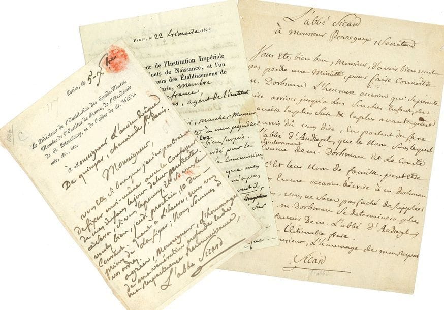 SICARD Ambroise (1742-1822) prêtre, instituteur des sourds-muets [AF 1803, 3e f].
19 L.A.S. (2 incomplètes), 1 P.A.S. et 1 L.S. « L’abbé Sicard » ou « Sicard », Paris et Moussy-le-Vieux 1792-1820 et s.d. ; 28 pages formats divers, quelques en-têtes Le Directeur de l’Institution des Sourds Muets [ou de l’Institution Impériale des Sourds-Muets de Naissance ou de l’Ecole Royale des Sourds-Muets], quelques adresses.

12 mai 1792, il envoie à M. Desfaucherets un « rapport de la scène arrivée le 10 mai chez nous. J’ai crû devoir aussi raconter au directoire celle qui s’est passée hier, à la leçon publique »… 29 ventose II (12 mars 1794), au sujet des nominations aux cinq places gratuites des Sourds-Muets… 12 ventose, assurant un confrère et ami de son appui, et de celui de Garat, pour lui faire obtenir l’indemnité due aux « gens de lettres qui ont bien mérité de la patrie »… 22 frimaire (13 décembre 1801), longue lettre de plaintes à M. Lucas, agent de l’Institut, à propos du non-paiement du traitement accordé aux membres de la Commission du Dictionnaire… 13 janvier 1815, à Népomucène LEMERCIER, « l’un des 40 de l’Academie », demandant trois billets pour sa séance à l’Athénée… 4 janvier 1816, certificat de service pour le sieur Masset, économe de l’Institution des Sourds-Muets de 1790 à 1793… 19 février 1818, entrée à FEUILLETTE, la bibliothèque de l’Institut, pour savoir si « les savants anglais » ont envoyé à la bibliothèque Didascolocophus, or The Teacher of Deaf and Dumb, par le Dr Watson, et Philocophus, or The Deaf Men’s Friend… Mardi de Pâques [24 avril 1821], à Jean-Louis LAYA : il donnera son « suffrage accadémique » à M. de Wailly, quoique le comte Ferrand ait dit « très positivement que le roi lui avoit demandé sa voix pour Villemain »… D’autres lettres à Mgr Claude André, le sénateur Perregaux, M. Ravez, M. Baudouin fils, M. Lecointre, etc.
On joint la fin d’une L.A.S. ; une pétition de sourd-muet avec apostille a.s. de Sicard, 1800 ; un portrait l