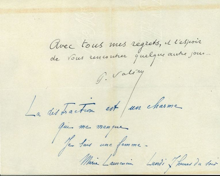 VALÉRY Paul (1871-1945) [AF 1925, 38e f].
2 L.A.S. « Paul Valéry », 1923 et s.d., [à Joseph BÉDIER] ; 3 pages et demie in-8, et 1 page oblong in-12.

Sur sa candidature manquée à l’Académie française.
[Valéry avait posé sa candidature au fauteuil d’Haussonville. Il sera élu le 19 novembre 1925 au fauteuil d’Anatole France.]
Paris 28 juin 1923. Il est honoré d’avoir reçu la voix de Bédier : « Mon ambition n’a jamais été que de faire de mon mieux dans un langage que vous connaissez dans ses profondeurs. […] Mais cette tentative présente des dangers que je sais n’avoir pas toujours évités. Je vois cependant que je n’ai pas été si téméraire qu’un maître tel que vous n’ait cru pouvoir se mettre de mon côté. Le nombre n’a pas été de ce côté là ; je ne suis guère accoutumé de le voir avec moi. [...] Je suis battu et content »… Samedi, le félicitant pour sa promotion.
On joint une P.A.S. suivie d’une P.A.S. de Marie laurencin (1 page oblong in-4). Plus la brochure des Discours prononcés dans la séance publique tenue par l’Académie française pour la réception de M. Paul Valéry le jeudi 23 juin 1927 (Firmin-Didot, 1927), avec envoi a.s. : « à Marie Monnier, avec des vœux de soie et d’or Paul Valéry ».