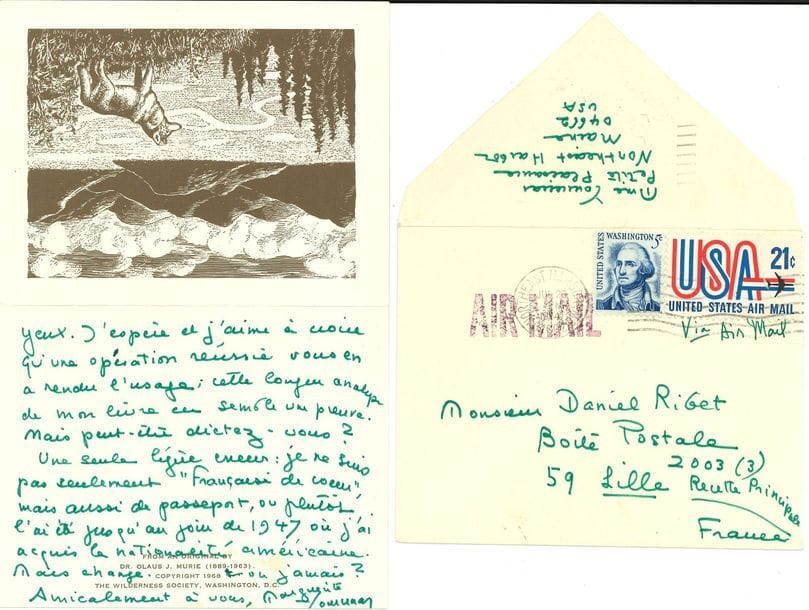 YOURCENAR Marguerite (1903-1987) [AF 1980, 3e f].
L.A.S., Petite Plaisance19 juillet 1974, à Daniel RIBET à Lille ; 1 page et demie in-8 à l’encre verte, avec vignette au loup, enveloppe.

Elle le remercie pour son « excellente critique faite non seulement avec une profonde compréhension littéraire, mais encore avec cette sympathie qui naît d’avoir été enfants à la même place. Quel dommage que nous ne nous soyons pas rencontrés dans les bois du Mont-Noir ; nous eussions joué ensemble. [...] Une seule légère erreur : je ne suis pas seulement “Française de cœur”, mais aussi de passeport, ou plutôt, l’ai été jusqu’au jour de 1947 où j’ai acquis la nationalité américaine »… Elle espère que l’opération des yeux de Ribet a réussi…