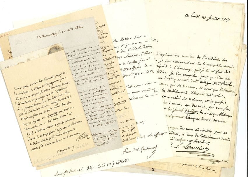 ACADÉMICIENS F-P.
148 lettres, pièces ou manuscrits, la plupart L.A.S. (quelques portraits et documents joints).

Charles de FELETZ (5), Alexandre GUIRAUD (3, à Mme V. Hugo, Soulié…), Antoine JAY (4, 1815-1830, à Laya, Decazes…, et contrat), Joseph-Étienne de JOUY (7, 1806-1827 ; et 3 mss, dont 2 poèmes), Népomucène LEMERCIER (14, 1814-1839, à Cuvier, Barba, Suard, Paër, Tissot, Belmontet…), Pierre-Édouard LÉMONTEY (5, 1795-1826), Joseph MICHAUD (13, dont une avec poème, 1797-1825), Désiré NISARD (24, 1830-1884, et 2 mss dont un poème de jeunesse), Paul duc de NOAILLES (4, 1838-1849), François-Auguste PARSEVAL-GRANDMAISON (4, 1824-1833), Henri PATIN (37, 1811-1873 ; poème a.s. Vaucluse, et ms autogr. du discours prononcé à l’AF en 1854 pour les funérailles d’ Ancelot), Jean-Baptiste Sanson de PONGERVILLE (12, 1819-1841, à Laya, Jullien de Paris…, et 2 poèmes), François PONSARD (6, et poème autogr., A Mme de Lamartine).