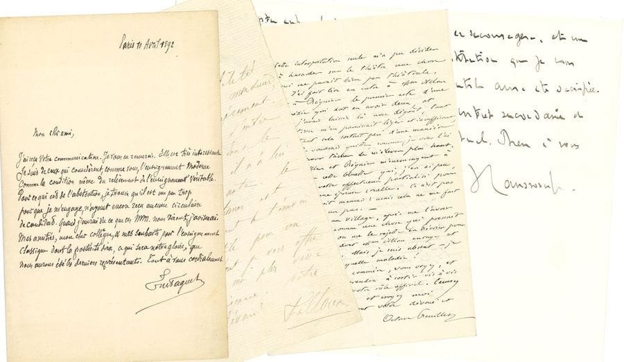 ACADÉMICIENS F-P.
146 lettres, pièces ou manuscrits, la plupart L.A.S. (quelques portraits et documents joints).

Émile FAGUET, Alfred de FALLOUX (5, 1855-1879), Octave FEUILLET (2, 1854-1862), Octave GRÉARD (13, 1872-1899), Eugène GUILLAUME (à Beulé, 1862), Othenin (4) et Joseph (5) comtes d’HAUSSONVILLE, Édouard HERVÉ (3, 1873-1886), Henry HOUSSAYE, Edmond JURIEN DE LA GRAVIÈRE, Hippolyte LANGLOIS (3, 1888-1907, dont 2 à Weygand), Ernest LEGOUVÉ (35, 1832-1879, à Geffroy, Gail, Dupin, Rousse, Vaucorbeil, Sarcey, Mahéraut, Lablache, Pingard, Lavedan… ; et 2 poèmes), John LEMOINNE (5), Louis de LOMÉNIE (2), Xavier MARMIER, Henri MARTIN (4, 1879-1881), Charles de MAZADE, Henri MEILHAC (4, 1891-1893), Alfred MÉZIÈRES (41, 1856-1896), Charles de MONTALEMBERT (5, 1835-1852), Édouard PAILLERON, Gaston PARIS (6, une de 1899 à A. Lebey sur l’affaire Dreyfus).