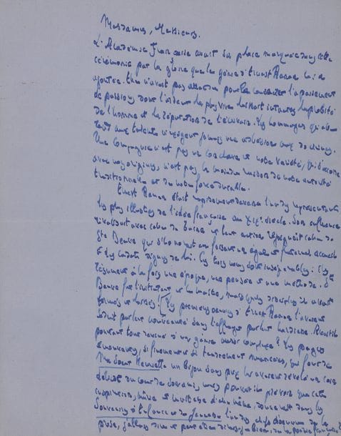 BARTHOU Louis (1862-1934) homme politique et historien [AF 1918, 28e f].
MANUSCRIT autographe, [Discours sur Ernest Renan, 1923] ; 13 pages in-4 à l’encre bleue sur 13 ff. de papier bleu montés sur feuillets de papier Japon, relié avec Fêtes du centenaire d’Ernest Renan. Discours de M. Louis Barthou à Tréguier, le dimanche 2 septembre 1923 (Paris, Firmin-Didot, 1923 ; in-4 de 17 pp.) ; maroquin vert bronze, dos à nerfs, quadruple filet intérieur, tranches dorées sur témoin, couvertures conservées, étui (G. Cretté succ. de Marius Michel).

Discours au nom de l’Académie française pour le centenaire d’Ernest Renan.
Nous en citons la conclusion : « La gloire de Renan n’a pas besoin qu’on plaide pour elle devant le tribunal de la postérité je ne sais quelles circonstances atténuantes : elle est immortelle et elle fait partie pour toujours du riche et grand patrimoine où la France retrouve et honore son propre génie ».
Un des deux exemplaires sur Japon. Il s’agit ici de l’exemplaire de l’auteur. Celui-ci y a fait monter en tête le manuscrit.
Provenance : bibliothèque de Louis BARTHOU (ex-libris).