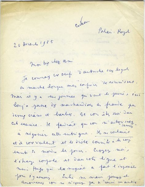 COCTEAU Jean (1889-1963) [AF 1955, 31e f].
L.A.S. « Jean C. », Palais-Royal 20 décembre 1955, [à Henry de MONTHERLANT] ; 2 pages in-4 (fente au pli réparée).

Cocteau, nouvel élu, veut faire entrer Montherlant à l’Académie française.
« Je connais ces œufs d’autruche sur lesquels on marche lorsque mes “confrères” se réunissent. Mais il y a une journée qui vaut la peine, c’est lorsqu’on passe des marchandises en fraude par dessus crânes et barbes. Et vous êtes roi dans cet exercice. Il faudrait que vous m’autorisiiez/“sassiez” à négocier cette intrigue. Ils me voulaient et ils vous veulent [...] Croyez-moi, l’étrange coupole est dans votre ligne [...] Entre mes mains pieuses et amoureuses vous ne risquez pas de “courir une aventure”. Faites la même manœuvre que Claudel. Je dirai par exemple que je considère les phrases où vous acceptez d’être des nôtres comme une candidature puisqu’il faut que le mot candidature soit prononcé par ruse (et après, libre à vous d’orchestrer la situation une fois le fait accompli). Puis-je vous supplier de ne pas me laisser seul sur cette île glorieuse de la Seine et avoir l’honneur d’être un de vos parrains si les choses s’arrangent »...
On joint le brouillon autographe de la réponse de MONTHERLANT, 23 décembre 1955 (1 p. et demie in-8). réaffirmant sa position : « j’accepte d’être de l’Académie, je n’accepte pas de le briguer »… [Montherlant sera élu en 1960.]
L’Académie française au fil des lettres, p. 304-307.