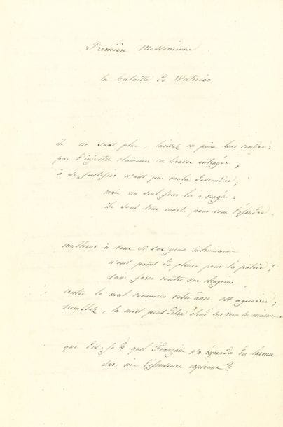 DELAVIGNE Casimir (1793-1843) poète et auteur dramatique [AF 1825, 28e f].
POÈME autographe signé « Casimir Delavigne », Première Messénienne, La Bataille de Waterloo ; 6 pages in-fol.

Célèbre poème sur la défaite de Waterloo.
C’est le premier poème du recueil Les Messéniennes, soigneusement copié par Delavigne (il a omis en milieu de poème 12 vers) :
« Ils ne sont plus, laissez en paix leur cendre
Par d’injustes clameurs ces braves outragés
À se justifier n’ont pas voulu descendre ;
Mais un seul jour les a vengés :
Ils sont tous morts pour vous défendre »…
On joint une P.A.S., page d’album extraite de sa pièce Les Comédiens (1 page in-fol.).
