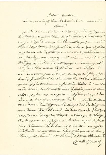 DOUCET Camille (1812-1895) poète et auteur dramatique, il fut Secrétaire perpétuel [AF 1865, 32e f].
22 L.A.S. « Camille Doucet », 1850-1894, à divers ; la plupart in-8, quelques en-têtes.

23 février 1855, à l’architecte Jal fils, au sujet d’une représentation privée chez Achille Fould de l’opéra-comique de Gustave Nadaud, La Volière. 6 avril 1867, regrettant de ne pouvoir être présenté au Roi de Suède. 15 août 1867, à Emmanuel GONZALÈS, au sujet de la Société des gens de lettres. 3 mai 1878, à Paul ANDRAL, au sujet de la réception de Sardou à l’Académie. 1880, au marquis de FLERS, pour des réceptions académiques. 8 février 1882, à Victorien SARDOU, renonçant à venir le voir à Nice, et au sujet des candidatures à l’Académie, dont Maquet qui hésite… 12 février 1882, à SULLY PRUDHOMME, au sujet de sa réception et du discours de Maxime Du Camp… Etc. D’autres lettres à Sarah FÉLIX, Édouard MONTAGNE, des confrères, etc.
On joint 2 pages d’album autographes signées : un extrait de sa comédie Un jeune homme (1841), et un poème sur page ornée in-plano ; la brochure de son Discours de réception (1866), et des coupures de presse.
