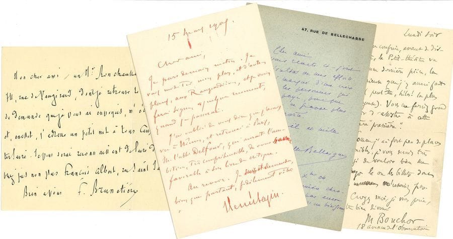 DOUMIC René (1860-1937) [AF 1909, 26e f].
6 L.A.S. et 1 L.S. « René Doumic », 1919-1935 ; et 85 lettres à lui adressées, la plupart L.A.S. (plusieurs enveloppes), 1895-1924.

5 lettres sont adressées à Robert de FLERS (1919-1929), comme directeur de la Revue des Deux Mondes ou comme Secrétaire perpétuel ; 2 à François de Flers, sollicitant des prêts pour l’exposition du troisième centenaire de l’Académie en 1935.
Lettres adressées à Doumic par René Bazin, Camille Bellaigue, Maurice Bouchor, Ferdinand Brunetière (14, plus le plan de ses leçons sur Les origines de l’Encyclopédie, et une liste d’adresses), Paul Chack, André Chaumeix, Jane Dieulafoy, Frantz Funck-Brentano, André Hallays (plus 2 mss sur Paris), comte d’Haussonville, Jean-Jules Jusserand, Léon Lavedan, Jules Lemaitre, Maurice Maindron, Paul Margueritte, Frédéric Masson, Arthur Meyer, Georges Perrot, Édouard Rod, Thureau-Dangin, Albert Vandal, E.M. de Vogüé, etc.
On joint un dossier de notes autographes de René DOUMIC et de documents divers.`
