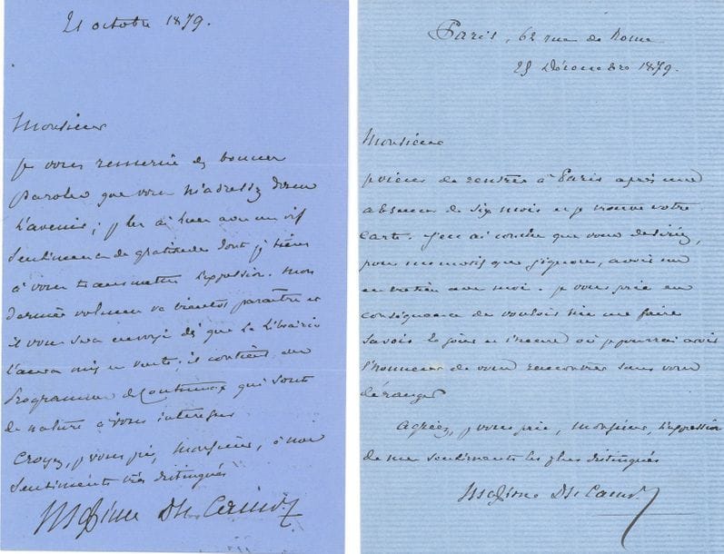 DU CAMP Maxime (1822-1894) [AF 1880, 33e f].
2 L.A.S., 1889-1890, [à Paul THUREAU-DANGIN ?] ; 3 et 1 pages in-8 sur papier bleu.

Sur l’Académie française. 
Baden-Baden 4 novembre 1889. Il est peu habile en matière de conseils électoraux. « J’avais très forte espérance, lorsque vous vous êtes présenté sur le fauteuil de LABICHE ; ma déception a été vive. [...] Les concurrents sont nombreux [...] Zola, Brunetière, Bergerat, H. Becque, Bardoux, Bornier, Sarcey, Theuriet ; ça fait bien du monde, cette levée en masse ne me semble pas redoutable, je ne vois guères que Theuriet sur le nom duquel s’est fait le jeu de l’élection Meilhac qui peut avoir des chances. Quant à Lavisse j’ignore absolument ce qu’il compte faire »... Si le duc d’Aumale prend sa candidature en main, il aura une chance sérieuse de succès... Paris 11 décembre 1890. Il donne ce résultat : « L’amiral et Marmier ont voté ferme ; la 13e voix du second tour est celle de Camille Doucet »...
On joint 2 L.A.S. au marquis de Flers, octobre-décembre 1879.