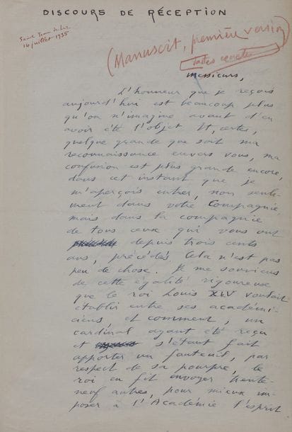 FARRÈRE Claude (1876-1957) [AF 1935, 28e f].
MANUSCRIT autographe signé « CFarrère », Discours de Réception, 1935 ; 69 pages in-fol. plus 7 pages in-8 de notes préparatoires, montées sur onglets en un volume in-fol., reliure demi-maroquin noir à coins (Lapersonne).

Manuscrit de travail, très corrigé, de son discours de réception à l’Académie française.
[Après deux échecs en 1927 et 1928, Claude Farrère fut élu le 28 mars 1935 au fauteuil de Louis Barthou, face à Paul Claudel ; il fut reçu par Pierre Benoit le 23 avril 1936.]
Claude Farrère retrace la vie, la carrière politique et l’œuvre littéraire de Louis BARTHOU ; il termine en relatant sa mort à Marseille lors de l’attentat contre Alexandre Ier de Yougoslavie : « Horrible fin, – funeste pour deux nations, funeste pour la paix du monde ! – Et pourtant. fin magnifique, apothéose éblouissante pour ces deux hautes figures de l’histoire contemporaine, le roi martyr de sa mission royale, qui était de réunir ses peuples en un seul peuple, le ministre “mort”, dira l’un de nos cardinaux archevêques, “mort en faisant son devoir”. À ces mots-là, Messieurs, je m’en voudrais de rien ajouter. L’homme dont toute la vie n’a été qu’une lente et sage ascension vers un patriotisme de plus en plus pur méritait de mourir ainsi. Ne regrettons même pas le bon artisan, tombé en achevant son œuvre. L’exemple qu’il laisse est plus précieux que les services qu’il aurait pu rendre encore. Et l’Académie, songeant à cet homme qu’elle perd, a le droit d’en être orgueilleuse, et de mêler un peu de cet orgueil au regret mélancolique dont elle accompagne toujours ceux de ses membres qui la quittent ».
Le manuscrit, à l’encre bleu nuit au recto de feuillets de papier fin bleuté, présente d’importantes ratures et corrections, avec des passages rayés et des additions ; il est daté à l’encre rouge en tête « Saint-Jean-de-Luz 14 juillet 1935 », et en fin « jeudi 6 août 1935 », soit, comme le note Farrère, « vingt-trois jours ». Il 