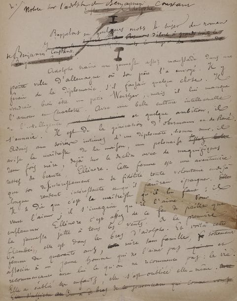 FRANCE Anatole (1844-1924) [AF 1896, 38e f].
MANUSCRIT autographe signé « Anatole France », Notice sur l’Adolphe de Benjamin Constant ; 24 feuillets in-4 + 8 ff. in-8 (répar. au scotch aux 2 premiers ff.), le tout monté sur onglets, interfolié et relié en un vol. in-4, maroquin bordeaux, plats encadrés et filets dorés, dos à 5 nerfs orné de feuillages (charnières un peu frottées) (G. Mercier 1928).

Beau texte sur Adolphe, destiné aux Œuvres de Benjamin CONSTANT parues chez Lemerre en 1889.
Cet Essai sur Adolphe (titre primitif, biffé) résume l’intrigue du roman, brosse un portrait détaillé de son auteur, et fait ressortir les parallèles entre le personnage fictif et son inventeur. Il analyse en particulier les rapports entre Constant et Mme de Staël et Mme Lindsay, en qui il voit le modèle d’Ellénore. Il émet des doutes quant à la sincérité de Constant, lorsqu’il dément être le modèle du héros éponyme de son roman : « on peut se peindre sans le vouloir, sans le savoir. Il est même difficile à certains écrivains de ne pas se peindre sans cesse et partout. Adolphe ironique et chevaleresque devant le monde, faible et cruel, mais délicat pour une femme, avide d’amour, impuissant à aimer, intelligent et stérile, correct et maladroit, est bien l’homme qu’on vit dans le vieux salon de madame de Charrières dans le château de madame de Staël et à l’abbaye au Bois. Adolphe est Benjamin Constant, comme Obermann est Senancour, comme René est René »...
Certaines pages sont écrites par France au verso de faire-part imprimés de son mariage avec Valérie Guérin (1877). On trouve au verso d’autres pages une liste des grands écrivains d’Angleterre et d’Allemagne (Chaucer, Shakespeare, Byron, Goethe, Heine, etc.) et une note (projet de titre ?) sur « Daphnis et Chloé. Suppt à Adolphe ». Sept pages sont écrites au verso d’autres manuscrits autographes de premier jet où il est question d’Armand Silvestre, Sully-Prudhomme, Claude Bernard, Berthelot, Darwin, etc.
Provena