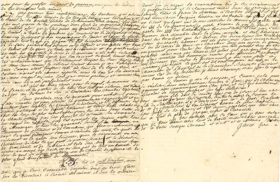 GARAT Dominique-Joseph (1749-1833) publiciste, orateur, homme politique, diplomate et philosophe [AF 1803, exclu en 1816, 34e f].
L.A.S. « Garat Pere », Ustaritz 11 mars 1828, à Étienne de JOUY ; 3 pages in-4.

Intéressante lettre sur son sauvetage du Dictionnaire, et un éventuel rappel des académiciens expulsés en 1816.
Exclu par ordonnance royale en 1816 de l’Académie Française, Garat approuve la détermination de l’Académie : « le rappel de quelques expulsés estimables seroit le moindre des bienfaits d’un résultat heureux ». Il pense que RŒDERER refusera... Garat fait, avant se prononcer, un résumé de l’histoire de l’Académie fondée par Louis XIV… « Aux premiers tems révolutionnaires, les barbares, qui avoient usurpé sur les sages l’empire de la tempête, détruisirent l’académie et le travail de la nouvelle édition du Dictionnaire déjà très avancé fut jetté par eux parmi le tas poudreux d’une foule de manuscrits dangereux ou inutiles »... Devenu ministre de l’Intérieur, il retrouva ce travail : « Je m’en emparai pour le sauver et pour le faire imprimer », en le faisant « précéder d’un discours où je déffends et où j’élève très haut les talens et la gloire de toutes nos accademies et en particulier de celle des quarante. [...] Je me considère donc comme étant toujours resté autour de ce tapis verd, et comme n’aiant été jamais expulsé ». Mais le vœu de son rappel l’émeut profondément ; et en rappelant les expulsés et faisant reconnaître les Quarante comme « l’accdémie de tout ce qui peut se penser, s’écrire et se découvrir de vrai, d’utile et de sublime », Charles X pourra rivaliser avec Louis XIV et apparaître comme « le plus grand bienfaiteur de l’humanité »... Etc.