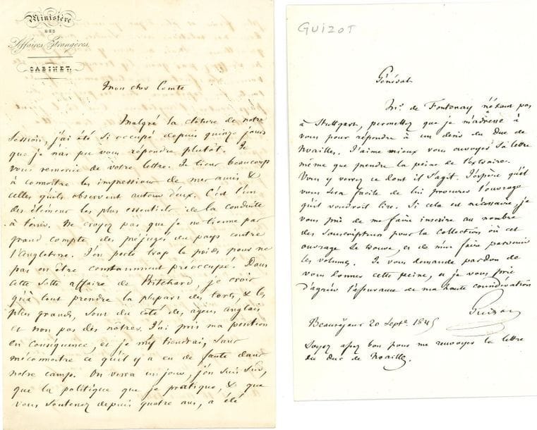 guizot François (1787-1874) homme politique et historien [AF 1836, 40e f].
L.A.S. « Guizot », Auteuil 16 août 1844, au comte Philippe-Paul de SÉGUR ; 2 pages in-8 à en-tête Ministère des Affaires Etrangères. Cabinet.

Belle lettre politique à propos de l’affaire Pritchard.
[Après la prise de possession de Tahiti par la France, la guerre avait failli éclater avec l’Angleterre à la suite de l’expulsion de l’île d’un missionnaire anglais protestant nommé PRITCHARD. Pour éviter un conflit Louis-Philippe consentit à payer à l’expulsé une indemnité de 25.000 F.]
Guizot remercie son ami de ses observations, et veut justifier sa politique « Ne croyez pas que je ne tienne pas grand compte des préjugés du pays contre l’Angleterre. J’en porte trop le poids pour ne pas en être constamment préoccupé. Dans cette sotte affaire de Pritchard, je crois qu’à tout prendre la plupart des torts, & les plus grands, sont du côté des agens anglais et non pas des nôtres. […] On verra un jour [...] que la politique que je pratique [...] a été plus ferme et plus digne qu’aucune autre, et dans nos relations avec Londres aussi bien qu’ailleurs. [...] La faction révolutionnaire fonde toutes ses espérances sur ces préjugés du pays contre l’Angleterre. C’est là le joint qu’elle a trouvé […] C’est de là qu’elle espère la guerre, et par la guerre le succès de ses anarchiques desseins. […] Quant à moi, je lutterai constamment, et j’espère bien réussir »…
On joint une L.A.S., Beauséjour 20 septembre 1845, au général de Fleischmann, ministre du Würtemberg, demandant un livre pour le duc de Noailles.